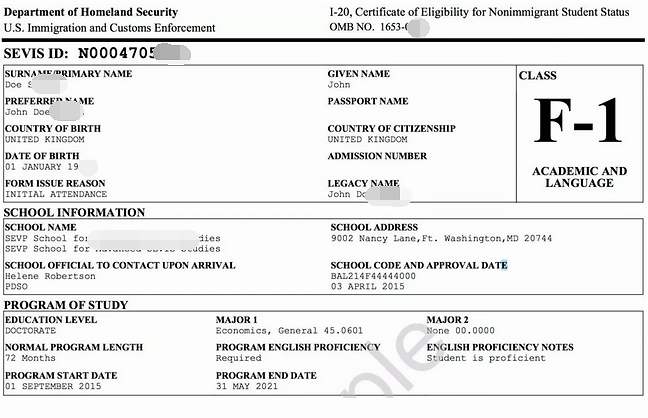 美国F-1签证样板