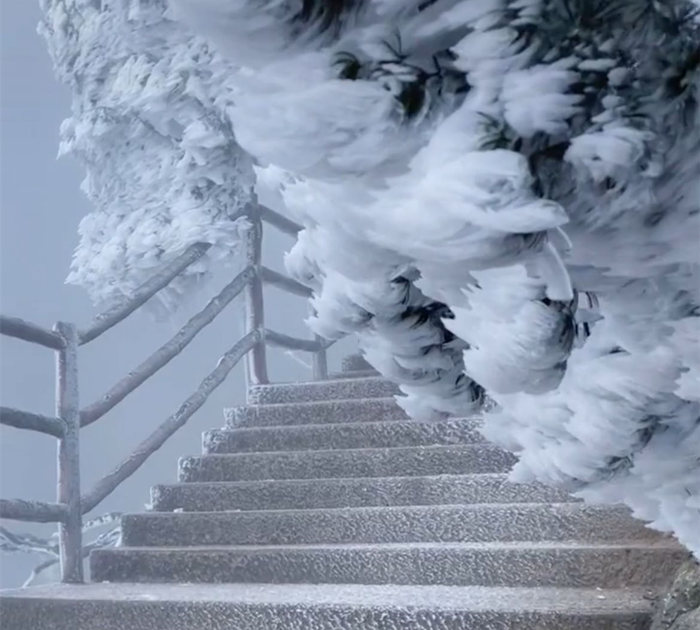 五指峰上如冰雕一般的雾凇雪景